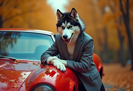 Anthropomorphic husky, siberian, siberian husky or samoyedo in a Yellow Sports Car 80s 90s Style with Suit