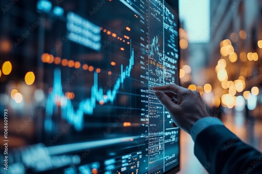Poster a person interacts with a touchscreen display showing dynamic financial charts and data, representin
