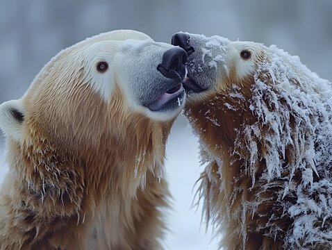 Two polar bears nuzzle each other in a snowy landscape, showcasing affection and wildlife behavior.