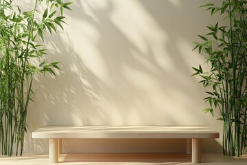 3D render background for natural beauty health products overlay display template. Blank empty oak wood table with green bamboo plants, Beige wall. Podium, with generative ai