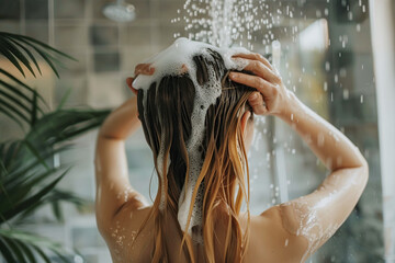 Naklejka premium Woman washes her hair in the shower, her hands lathering shampoo into her wet hair.