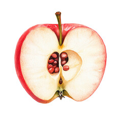 A watercolor painting of a fresh apple, sliced in half to reveal its core.