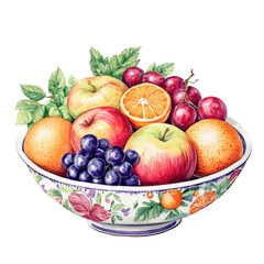 A watercolor painting of a colorful fruit bowl filled with apples, oranges, and grapes.

