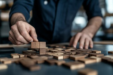 A close-up shot showing hands meticulously assembling a complex set of wooden puzzle pieces on a dark tabletop, capturing a moment of focused precision and creativity.