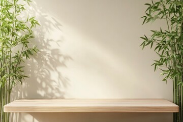 3D render background for natural beauty health products overlay display template. Blank empty oak wood table with green bamboo plants, Beige wall. Podium, with generative ai