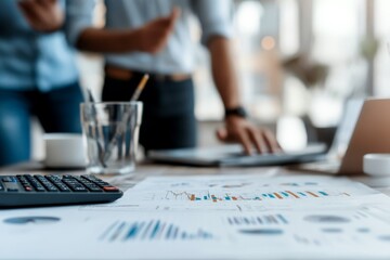 A team collaborates reviewing colorful graphs with a calculator and laptop on the table, illustrating teamwork, strategy, and business planning in an office setting.