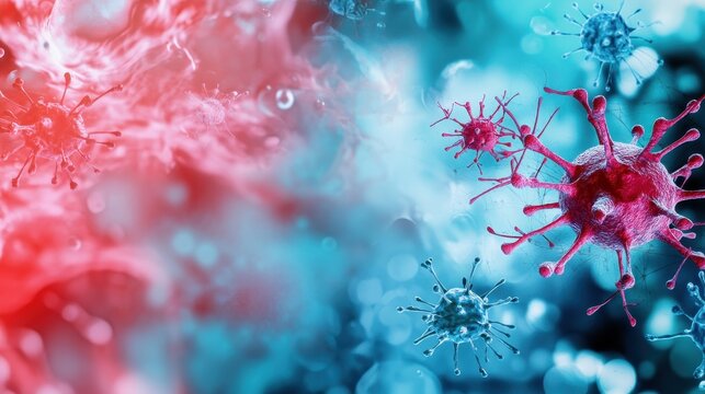Abstract microscopic virus and molecular structures in vibrant red and blue colors representing a pandemic outbreak and microbiology research in the fields of science medicine and healthcare - Powered by Adobe