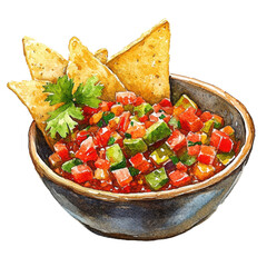 A watercolor painting of a bowl of spicy salsa with a side of tortilla chips.