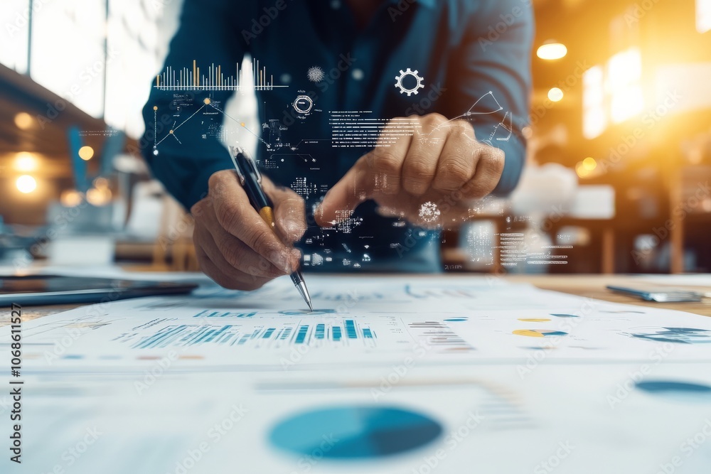 Poster a businessman intensely examines data charts and graphs with a futuristic interface overlay, demonst