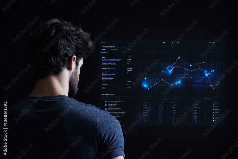 Poster a man stands in front of a digital display showing illuminated analytics. highlights technology, dat
