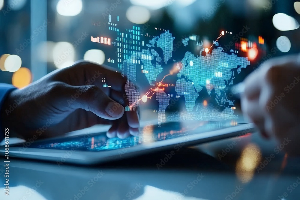 Poster two hands navigating a tablet showing world map and data visualizations, representing global busines