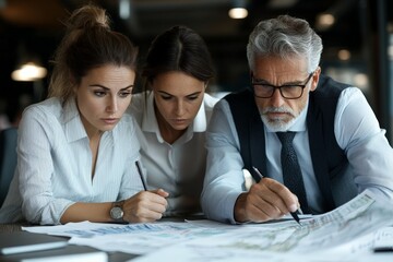 Fototapeta premium A mixed-aged group intensely working on printed charts, symbolizing collaboration, expertise, and dedication in a structured, professional setup.