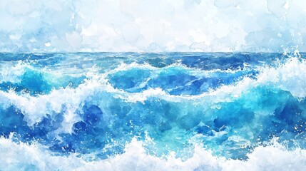 Obraz premium Vibrant watercolor seascape depicting crashing waves in shades of blue and white, evoking a sense of tranquility.