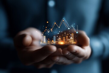 A pair of hands carefully holds a miniature cityscape with a futuristic touch, overlaid with a graph depicting urban growth and the concept of technological expansion.