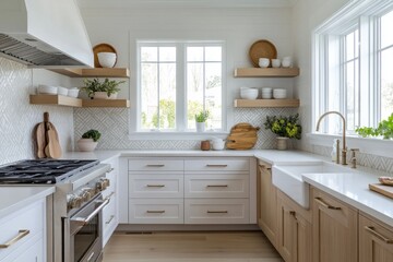 Modern Kitchen with White Cabinets, Wood Accents, and a Farmhouse Sink