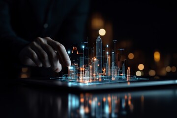A hand interacts with a holographic city model, showcasing a futuristic vision of urban planning, technology, and digital interaction in a high-tech environment.