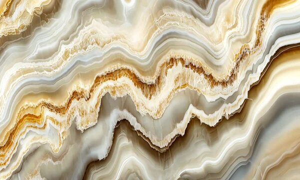 A close-up view of layered agate stone with cream and gold tones.
