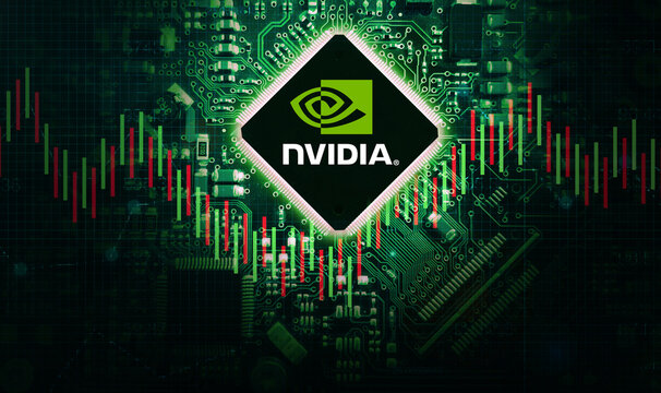Nvidia Chipset concept background with green glowing chip, illustrative editorial. GPU manufecturer valued highest in terms of net worth, backdrop concept