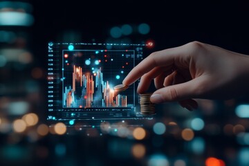 A digital representation of financial growth is depicted with a hand stacking coins on a virtual graph interface that glows against a backdrop of a bustling cityscape.