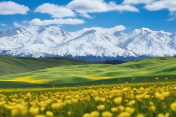 Fototapeta premium Beautiful meadow with green grass and colorful flowers stretches towards the majestic mountains under a clear blue sky Southern Xinjiang