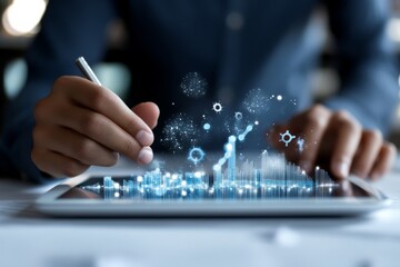 A person interacts with a tablet displaying holographic financial data and graphs, symbolizing innovation and technology in modern business analysis.