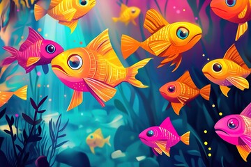 Fototapeta premium Colorful fish in whimsical underwater illustration.