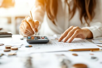 A woman is using a calculator on a cluttered desk with documents and coins, illustrating financial analysis and accounting tasks in a modern office environment.
