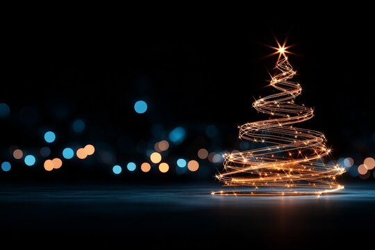 Elegant spiraling light forms a Christmas tree on a dark backdrop with glowing bokeh, symbolizing festive joy and modern design in winter holiday spirit.