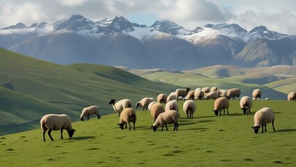 Obraz premium A herd of sheep grazes on a lush green mountain pasture under a vast blue sky