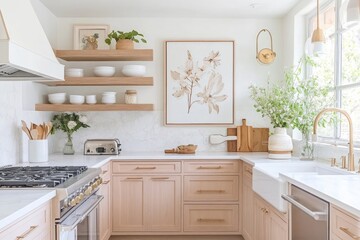 Light and airy kitchen with wooden shelves, white cabinets, and a farmhouse sink.