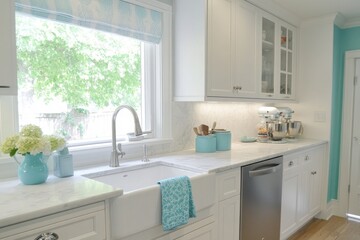 Fototapeta premium White Kitchen with Farmhouse Sink and Blue Accents