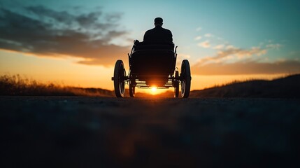 Fototapeta premium Silhouette of a person sitting in an antique horse-drawn carriage on a rural road during sunset, with a dramatic sky in the background