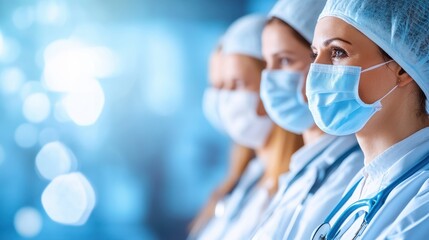 Diverse team of medical professionals including doctors and nurses wearing scrubs and personal protective equipment PPE such as face masks focused on healthcare procedures medical treatments