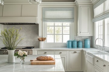 Kitchen Interior with White Cabinets, Marble Countertops, and a Window with a View