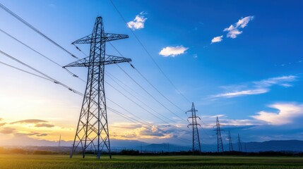 Dramatic sunset sky over high voltage electricity transmission towers standing tall in a picturesque rural countryside landscape  Electric power lines and infrastructure against a colorful cloudy sky