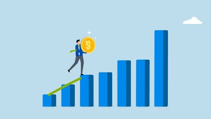 Investment graph, 4k animation of The businessman with confidence holds a large dollar coin while ascending a growing financial chart. 