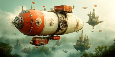 Massive cargo blimps lighter than air vessels transporting oversized freight across lush futuristic landscapes in an ornate art nouveau inspired Dieselpunk style
