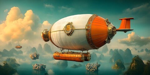 Massive cargo blimps the lighter than air vessels of the future transporting oversized freight and cargo over floating cities and lush landscapes in an ornate art nouveau