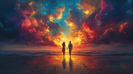 Fototapeta premium A couple silhouetted against a fiery sunset sky, walking hand-in-hand along a beach with footprints in the wet sand.