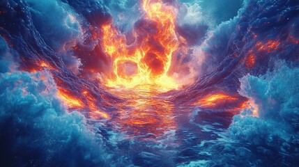 Fiery Ocean Waves and Molten Lava Explosion Scene.