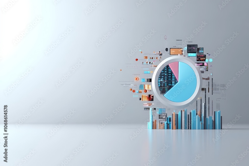 Poster a minimalist pie chart with digital data and bar graphs stylishly arranged on a clean background, re