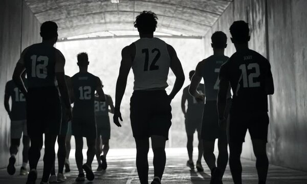 Silhouetted Athletes Entering Tunnel, Preparing for Competition, United in Strength and Determination