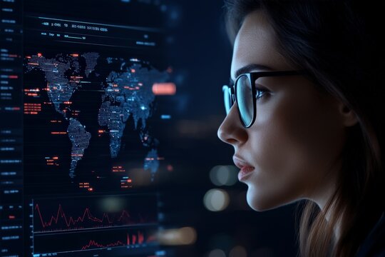 A focused woman in glasses studies a digital world map with statistical data overlays, indicating a global analysis, data visualization, or tech insights scenario.