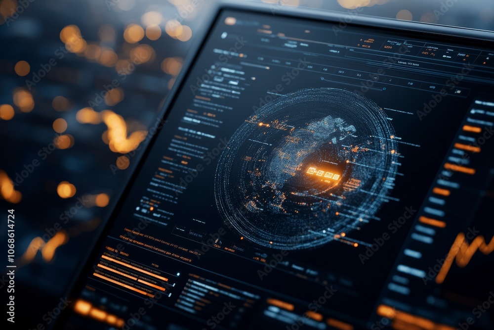 Poster an advanced digital display featuring a glowing globe with data points and analytics, symbolizing gl