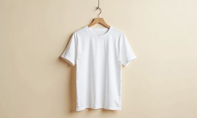 Mockup White t shirt wooden hanger pale background