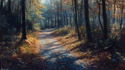 Fototapeta premium A winding path through a forest with golden leaves and sunlight streaming through the trees.