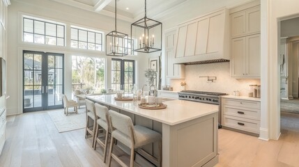 Fototapeta premium Modern Kitchen with Island, White Cabinets, and a View of the Backyard