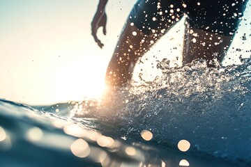 Sunlit splash by running legs on beach, dynamic and fresh