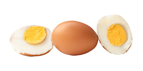 Side view of boiled or cooked brown chicken eggs with halves and egg yolk in stack isolated with clipping path in png file format