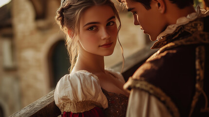 
closeup photo of Romeo and Juliet. A young princess, dressed in elegant medieval attire, stands on the Verona medieval castle balcony, with a young prince gazes at her .